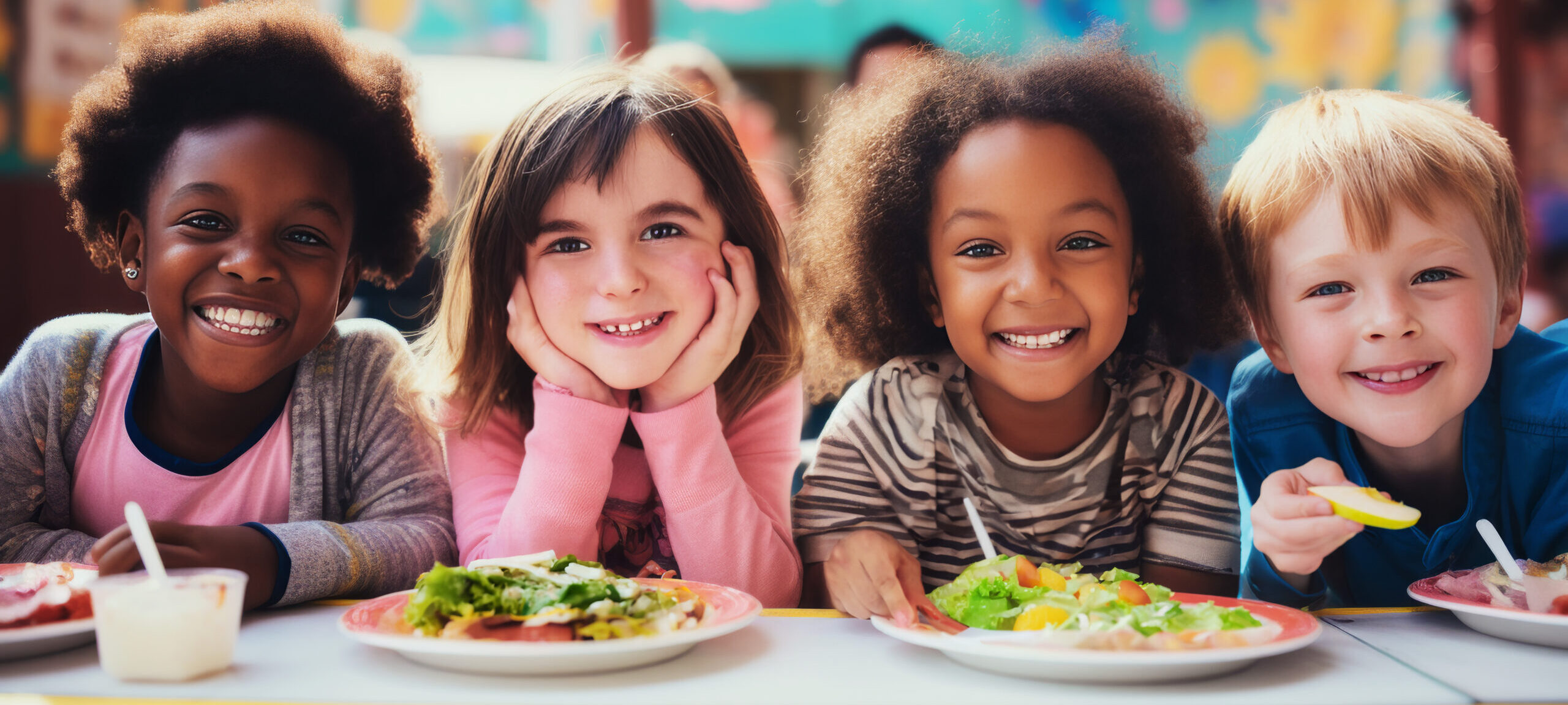 Happy and joyful children eating healthy food in the schoolyard. Back to school concept.